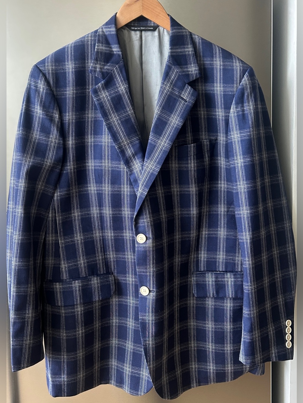 Coppley 100% Wool Blazer 45T Blue Windowpane Plaid Made in Canada Sport Coat